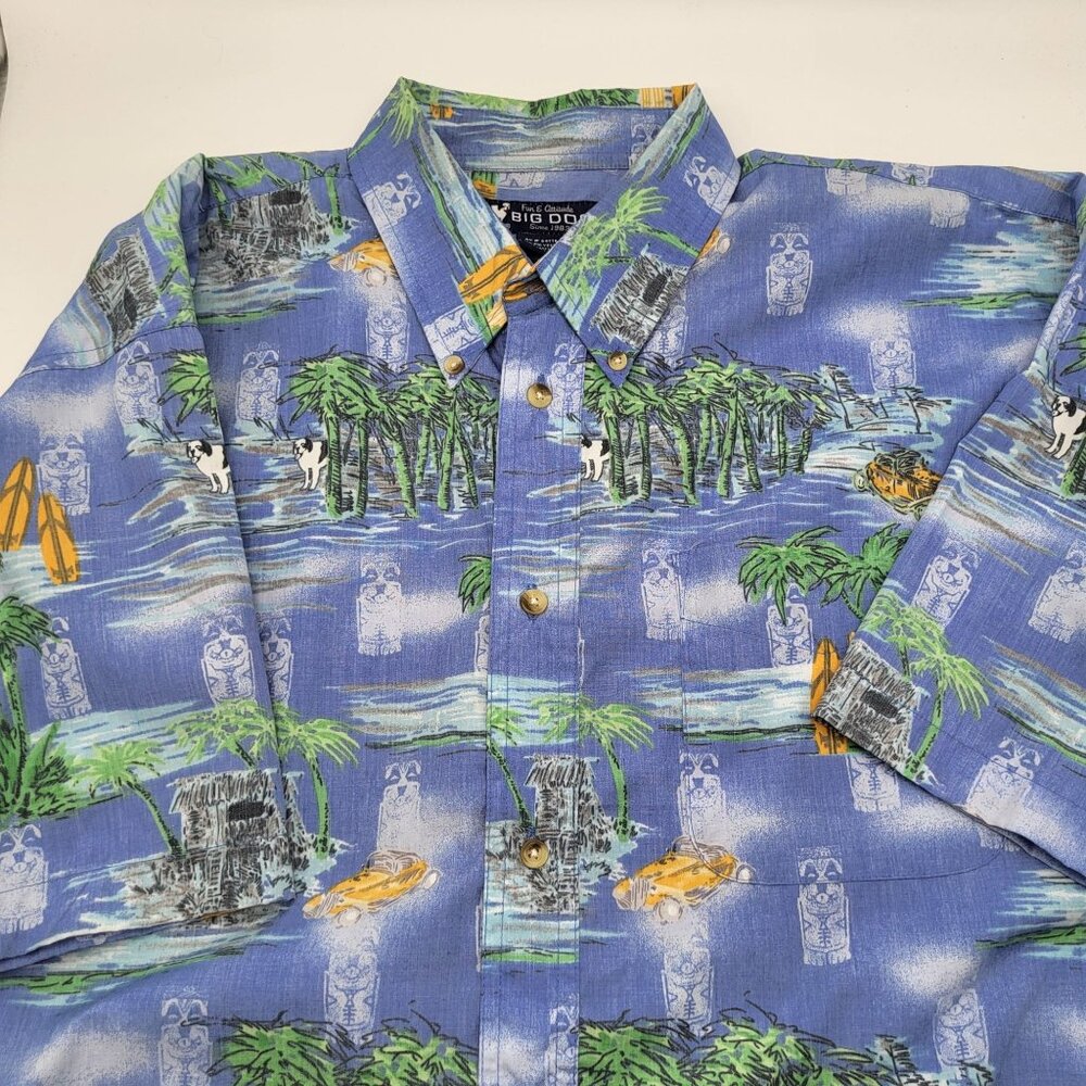 Big Dogs Mens SZ LG Hawaiian Button Down Shirt Tiki Palm Blue - Picture 3 of 8